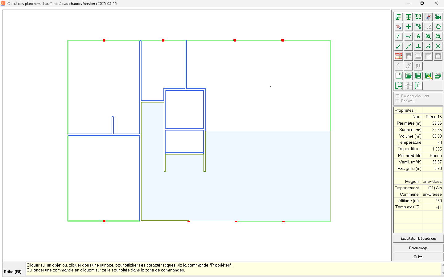 Dessin schématique bâtiment outils tableau de commandes - calcul Déperditions graphique