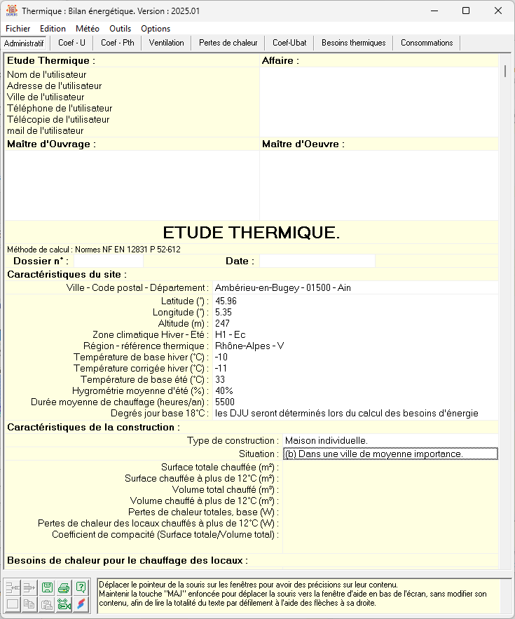 Insertion automatique caractéristiques climatiques site bâtiment Déperditions tableur