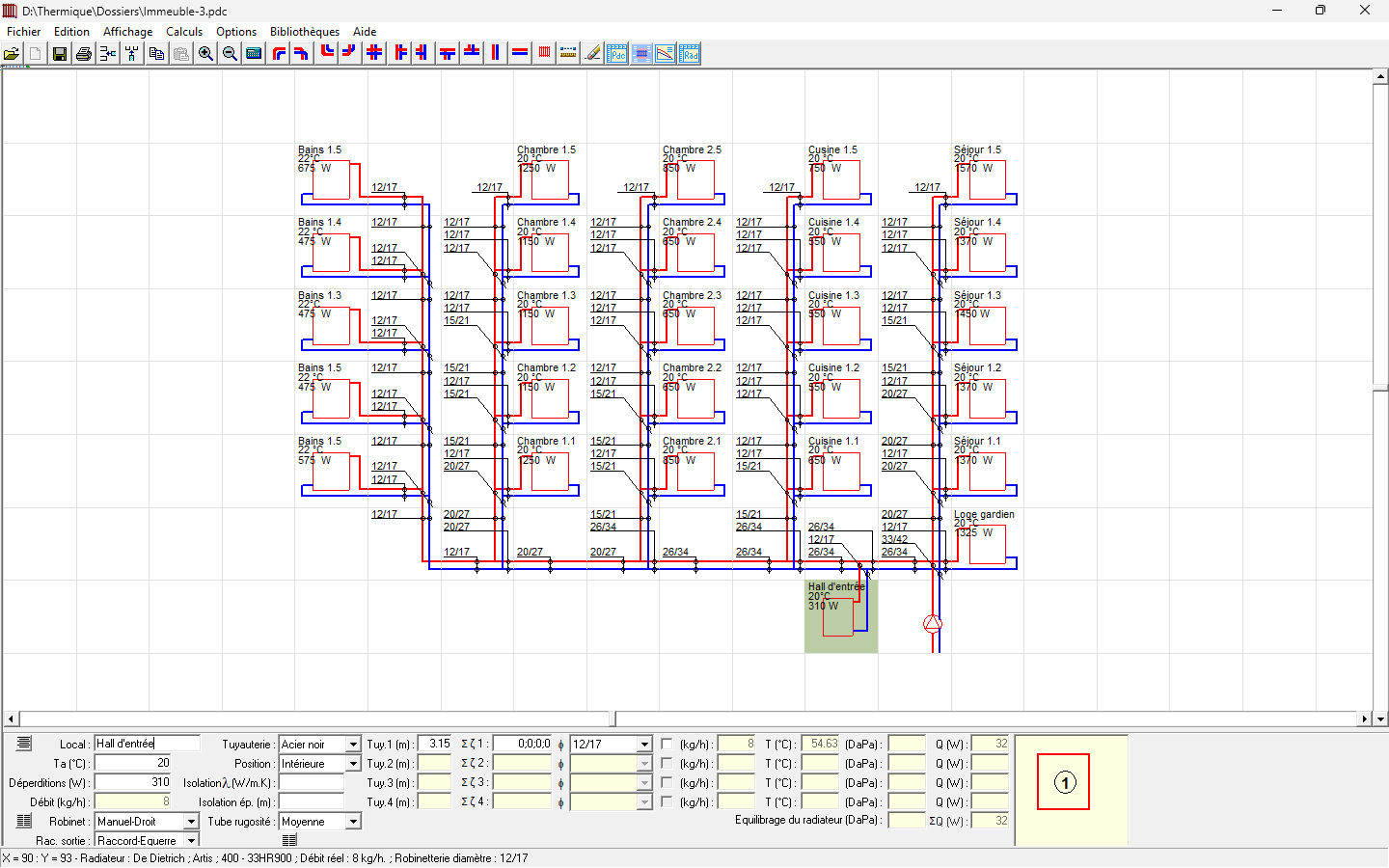 Schéma installation avec diamètres déterminés - calcul pertes de charge