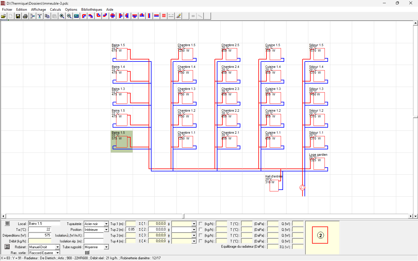 Saisie schématique installation radiateurs - logiciel pertes de charge et équilibrage