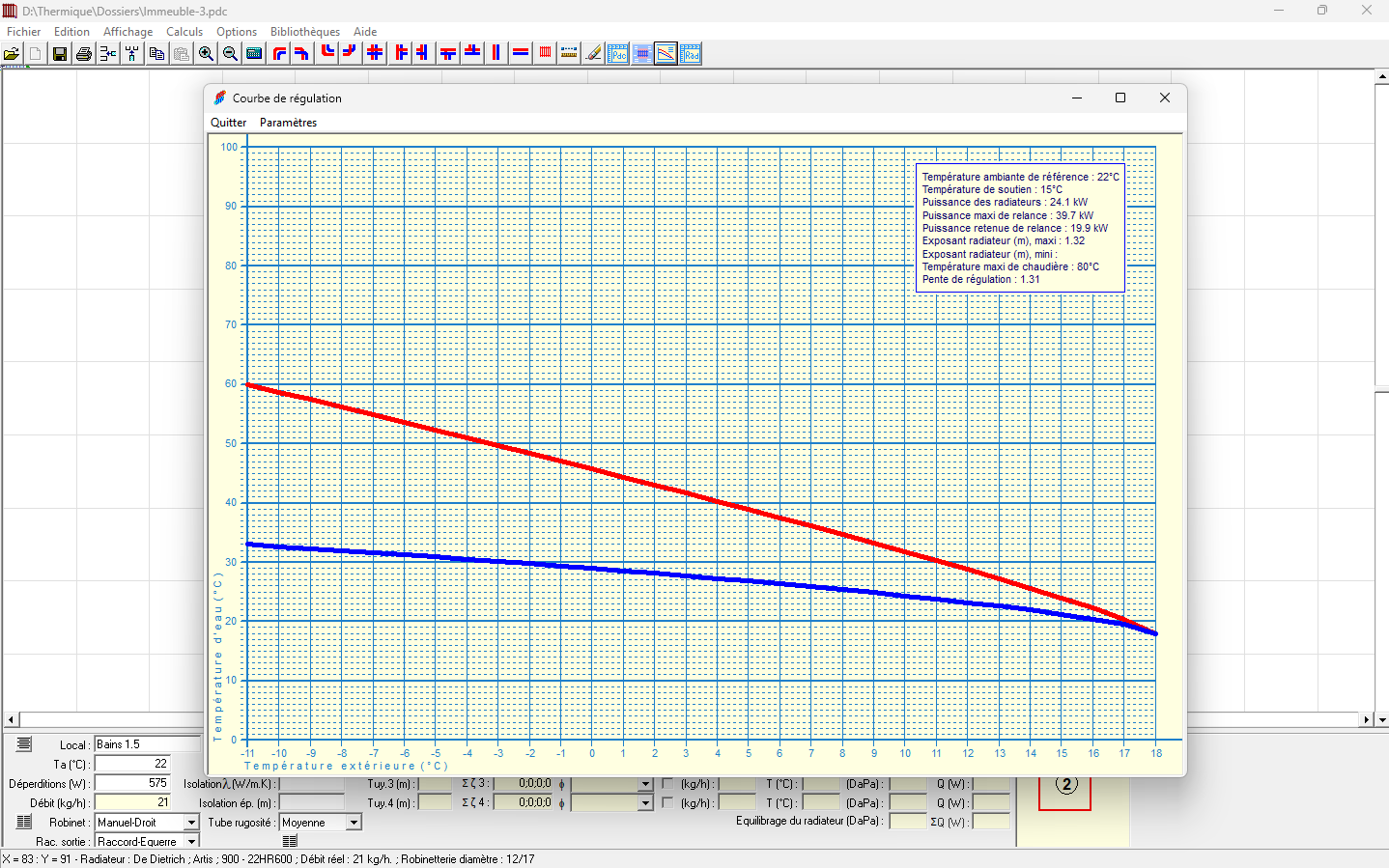 Courbes régulation température eau selon température extérieure - logiciel pertes de charge